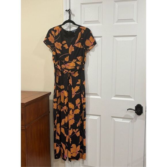 ModCloth Women's V-Neck Floral Wide Leg Jumpsuit Black Orange Pink Size Small - Picture 2 of 5